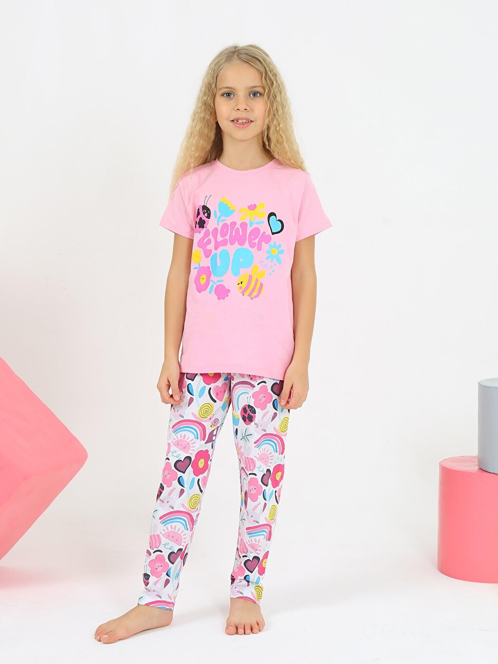 Pembe Kız Çocuk Kısa Kollu %100 Pamuklu Flower Up Pijama Takımı