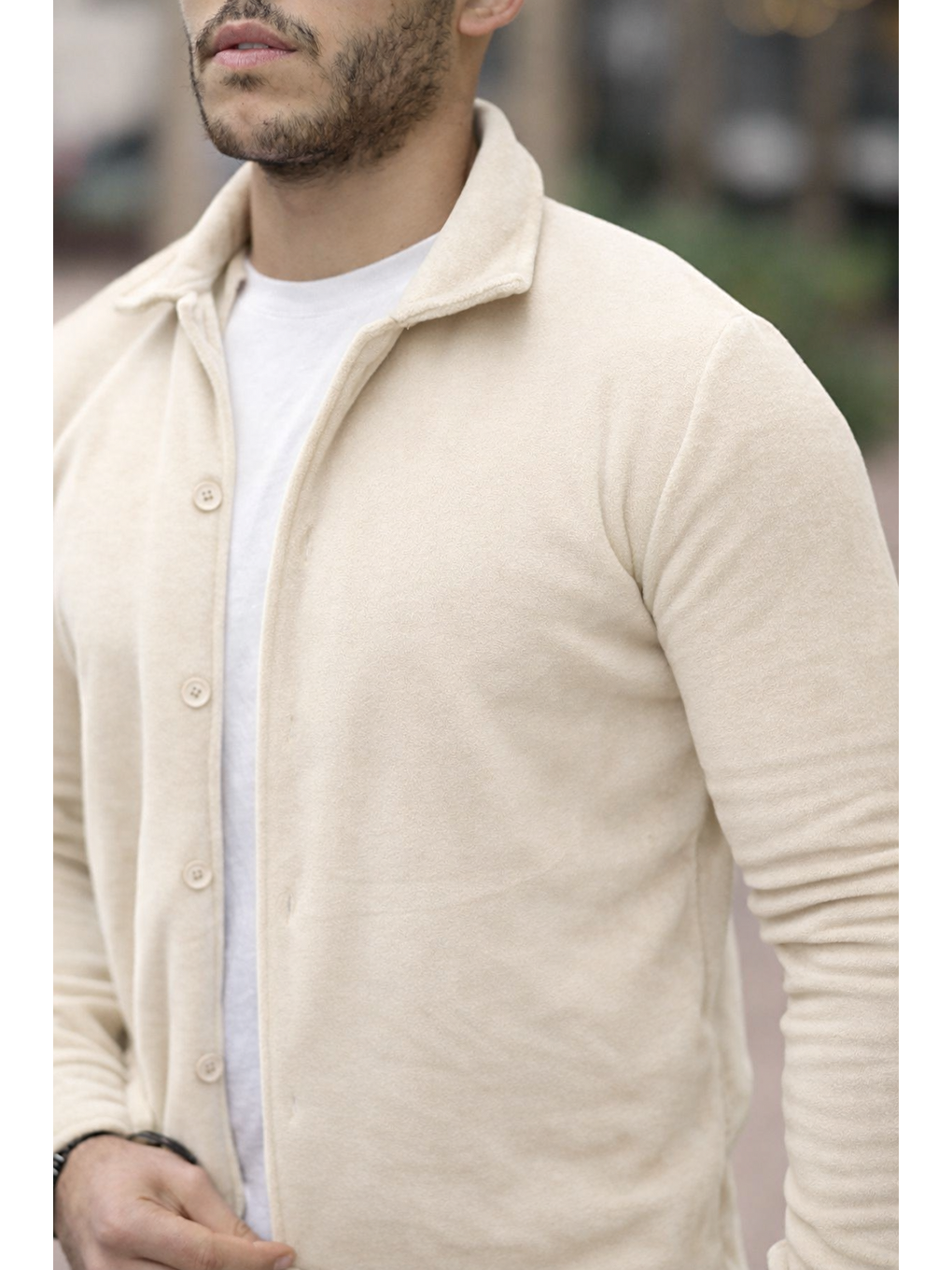 Erkek Basic Uzun Kol Dar Pamuklu Ekru Polar Gömlek-2