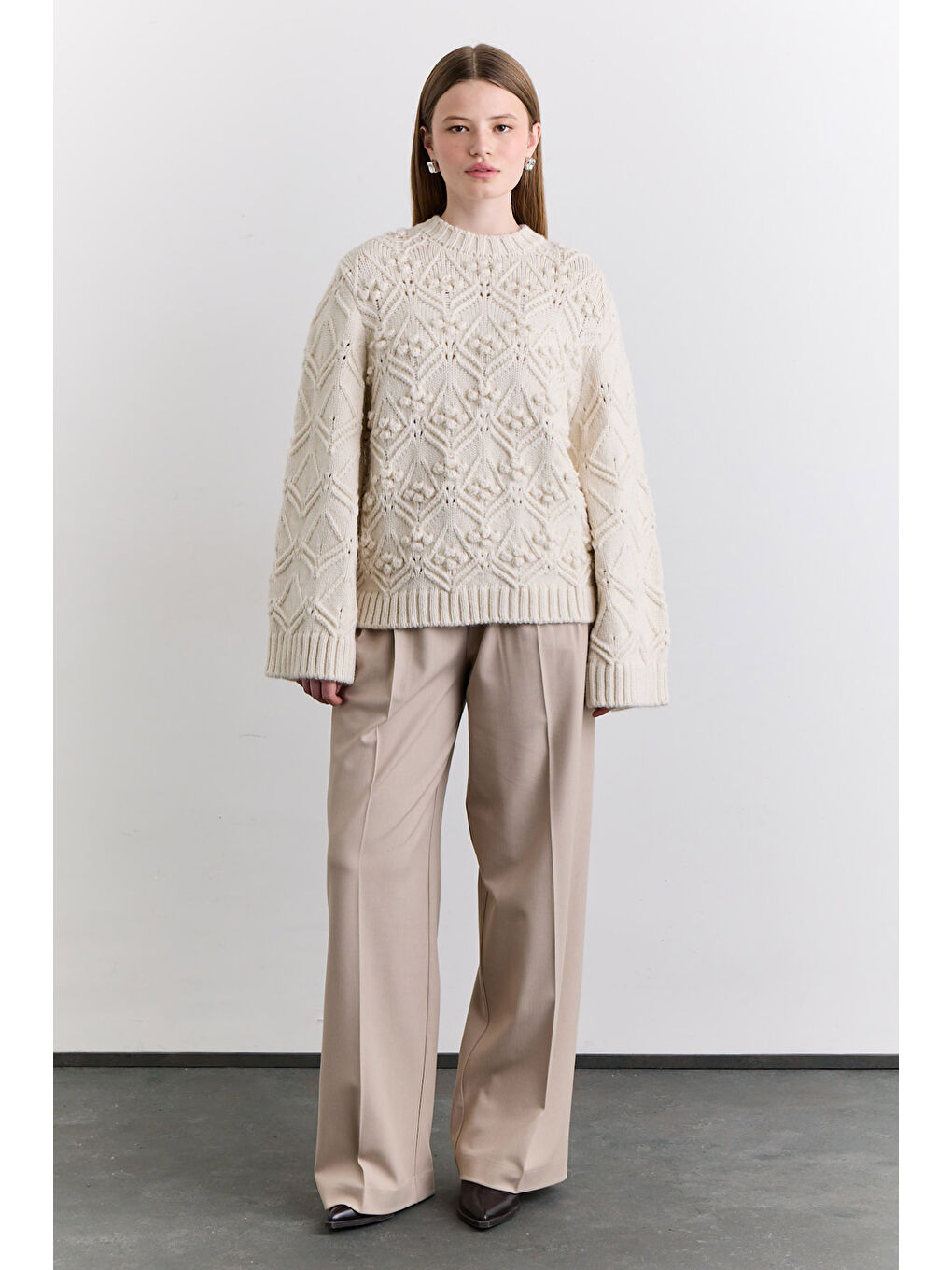 Ajur Örgü Kazak Ekru-3