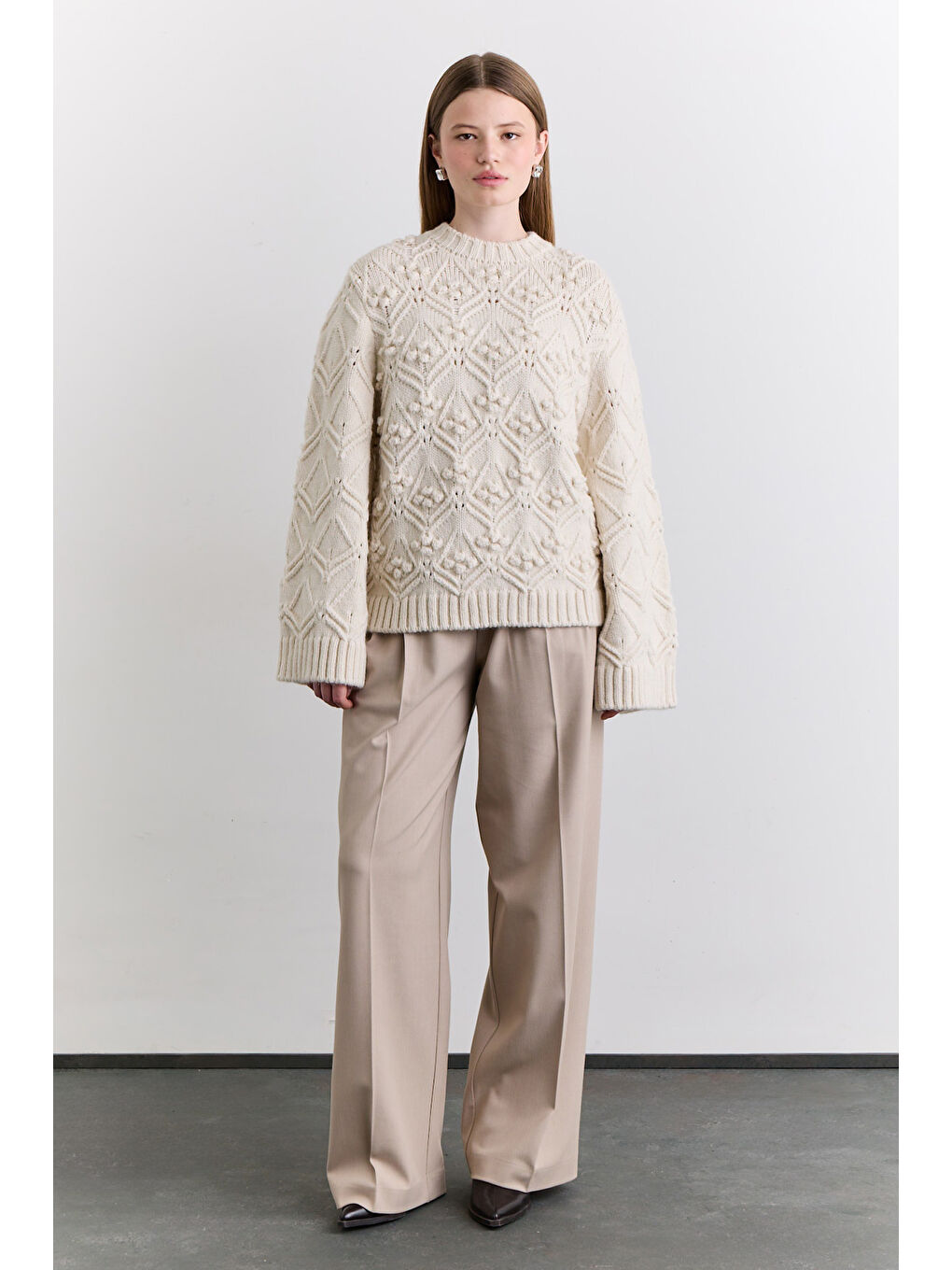 Ajur Örgü Kazak Ekru-4