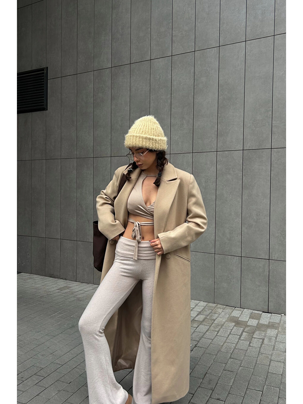 Kadın Bej Bel Katlamalı Pantolon 1010-0350-7