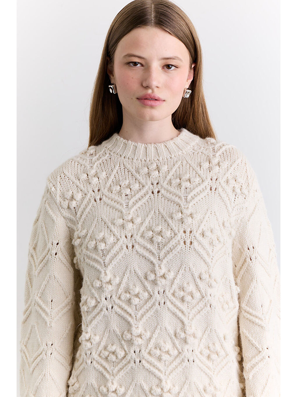 Ajur Örgü Kazak Ekru-5