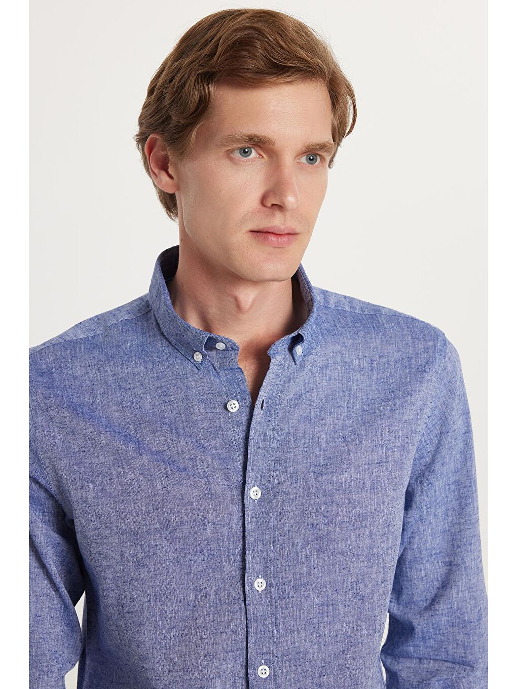 Erkek Slim Fit Dar Kesim Uzun Kollu Keten Premium Seri Düğmeli Yaka Spor Lacivert Gömlek-1