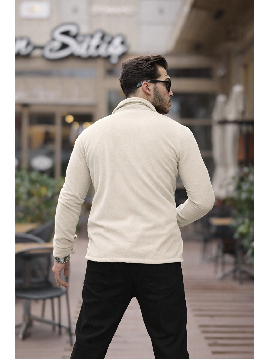 Erkek Basic Uzun Kol Dar Pamuklu Ekru Polar Gömlek-3