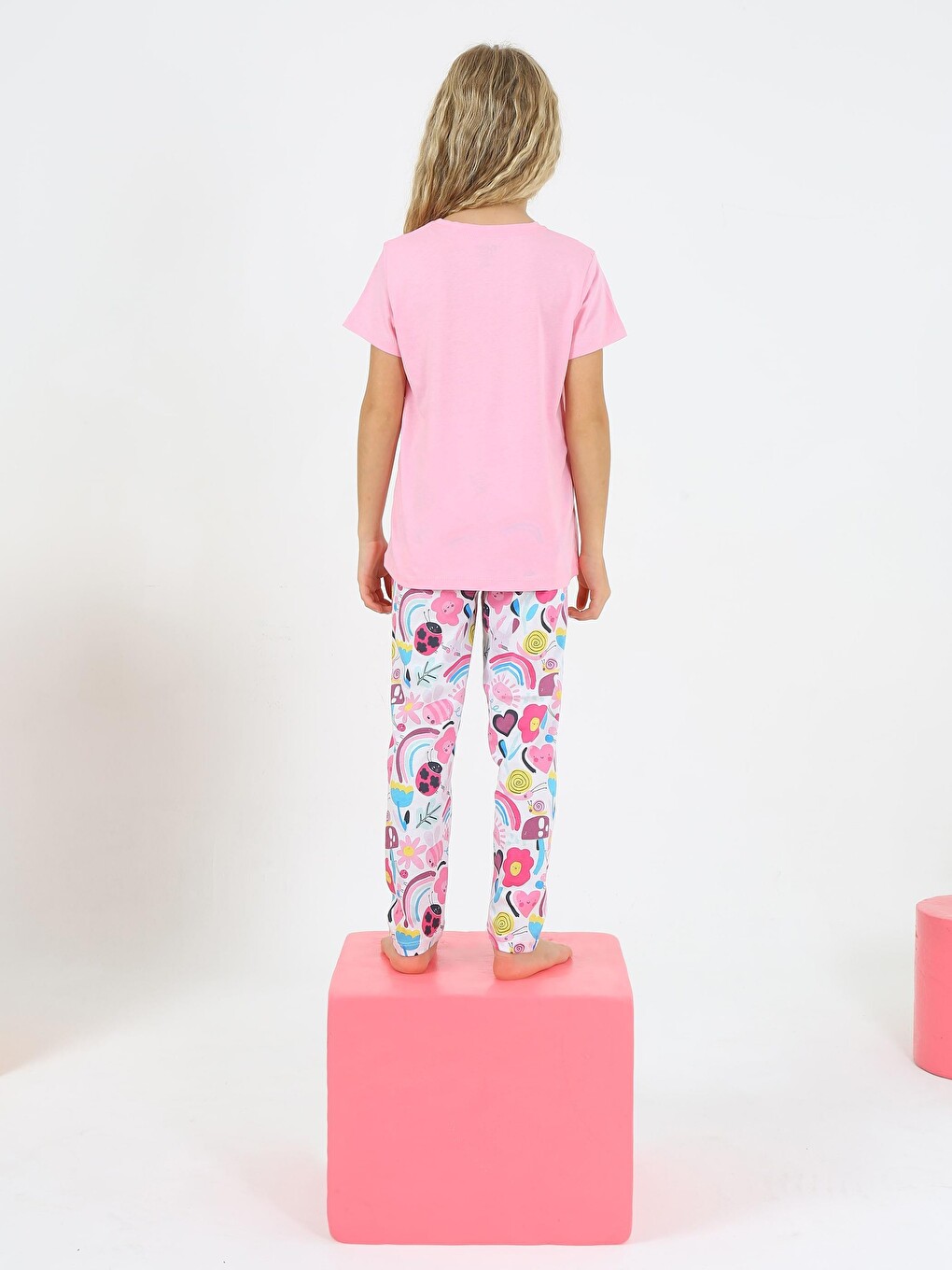 Pembe Kız Çocuk Kısa Kollu %100 Pamuklu Flower Up Pijama Takımı-1