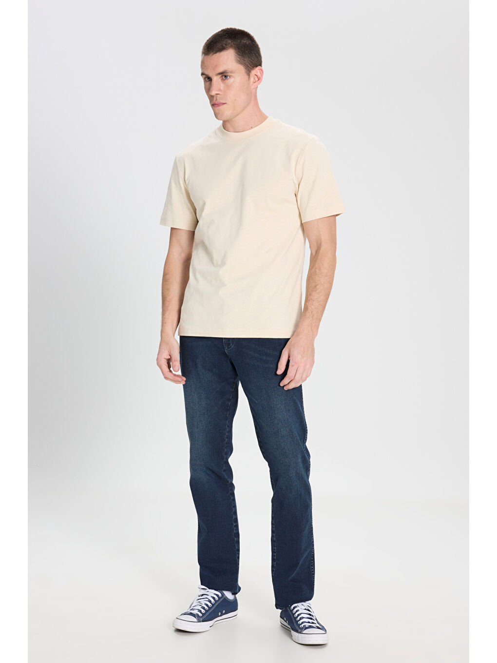 Regular Fit Normal Kesim Bisiklet Yaka %100 Pamuk Bej Tişört-3