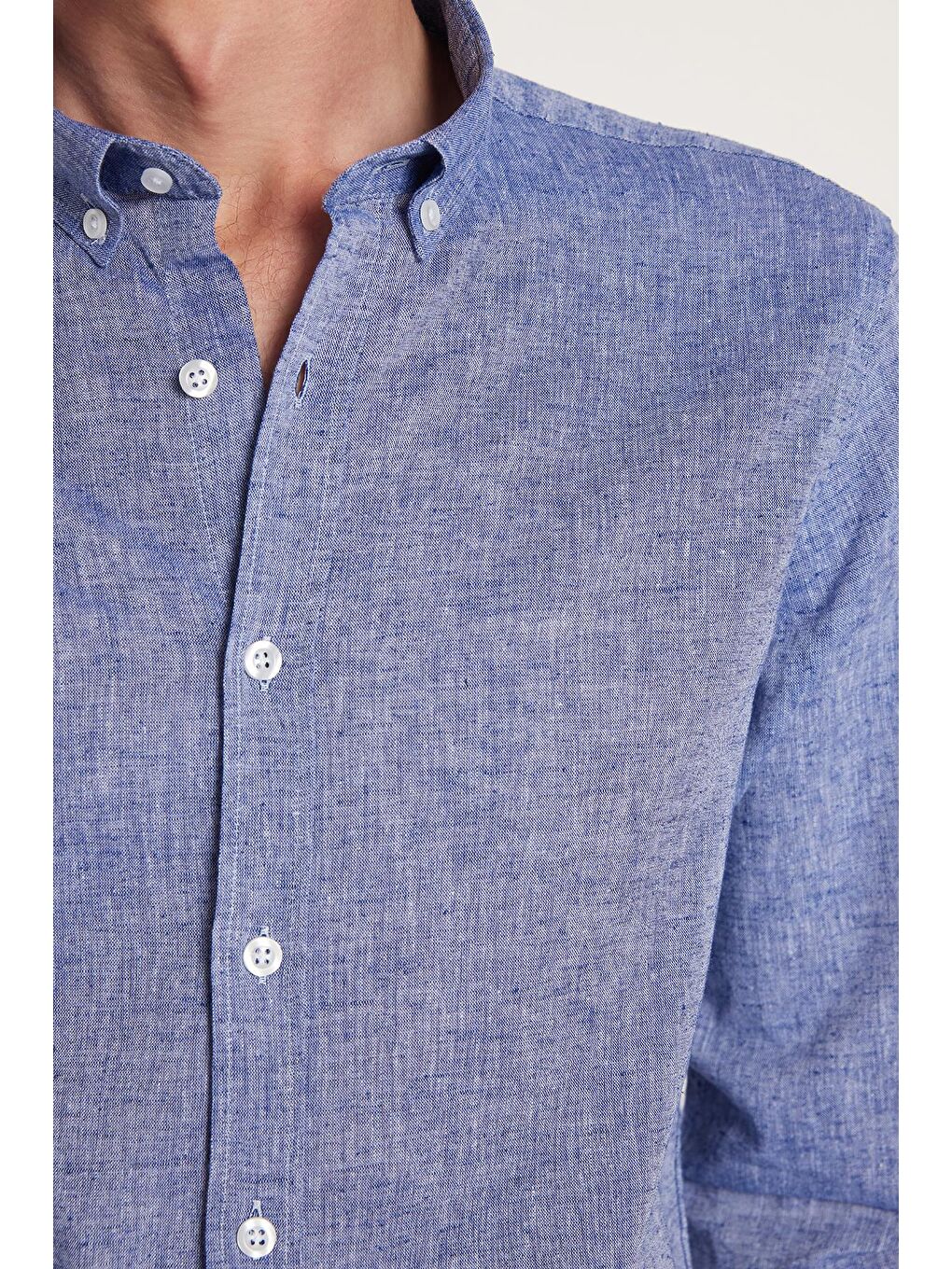 Erkek Slim Fit Dar Kesim Uzun Kollu Keten Premium Seri Düğmeli Yaka Spor Lacivert Gömlek-2