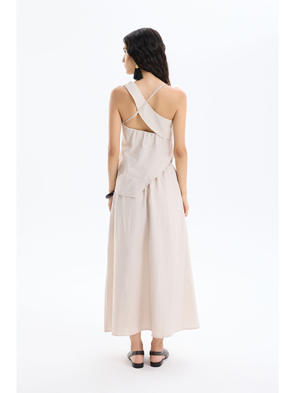 Boncuk Aksesuarlı Tek Omuz Bluz Bej-4