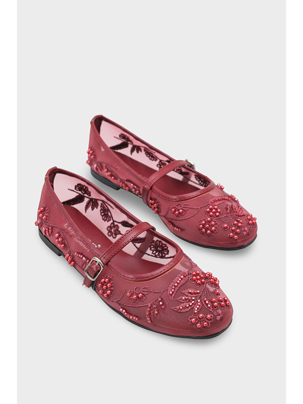 Bordo Mathilde Dantelli Fileli Nakışlı Kadın Babet-1