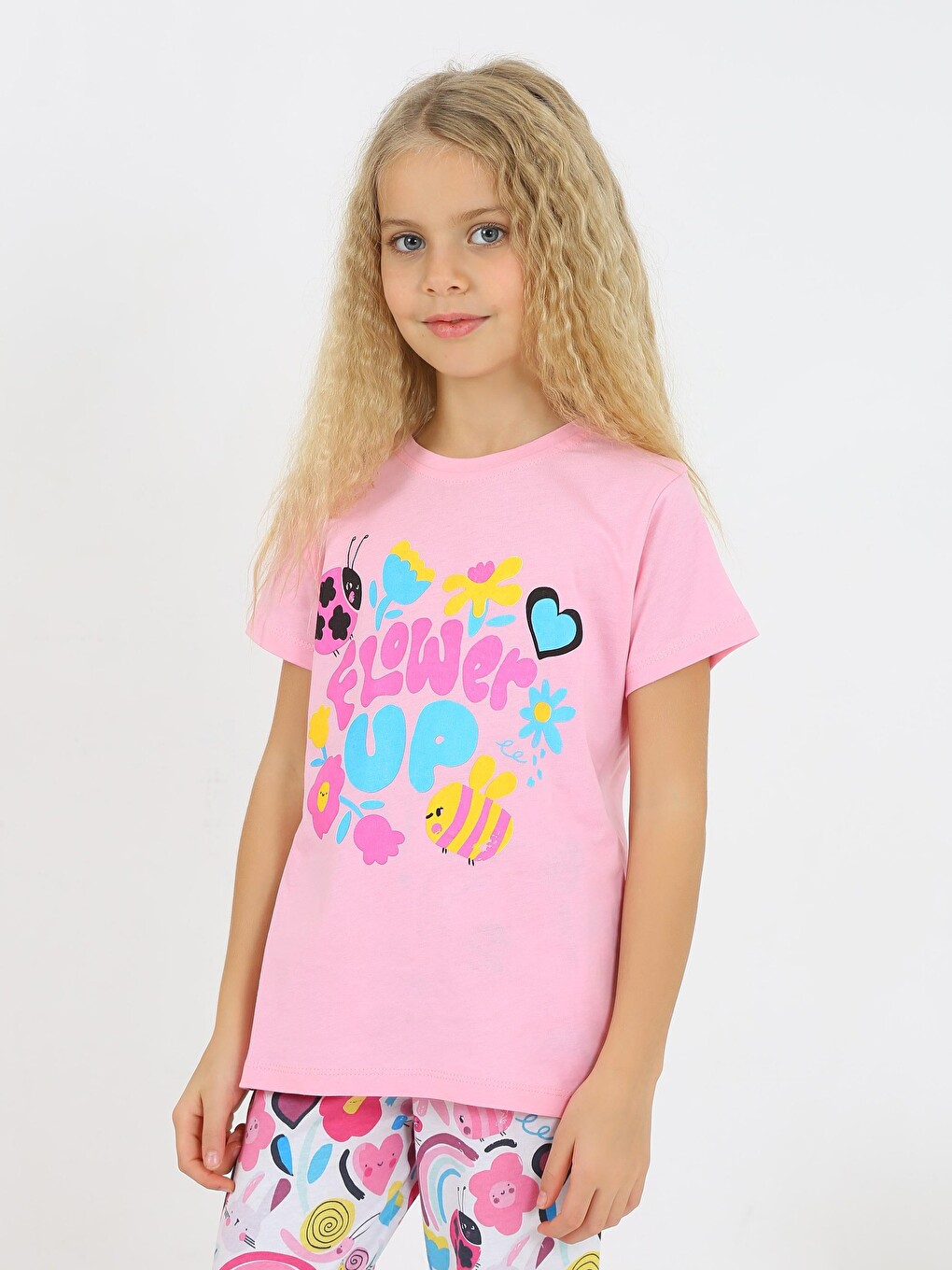Pembe Kız Çocuk Kısa Kollu %100 Pamuklu Flower Up Pijama Takımı-2