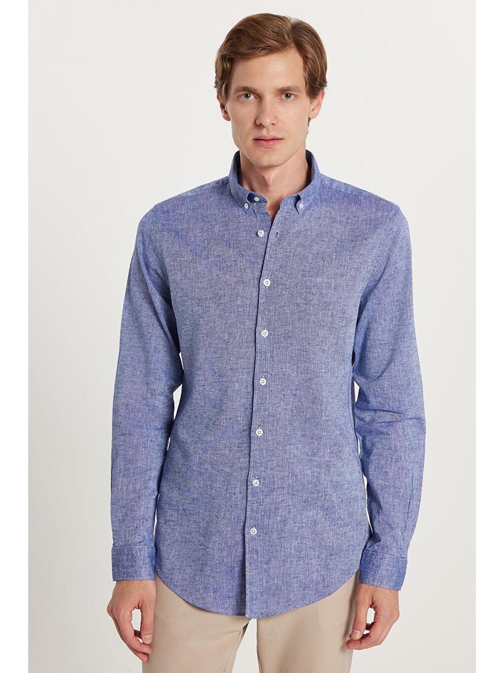 Erkek Slim Fit Dar Kesim Uzun Kollu Keten Premium Seri Düğmeli Yaka Spor Lacivert Gömlek-3