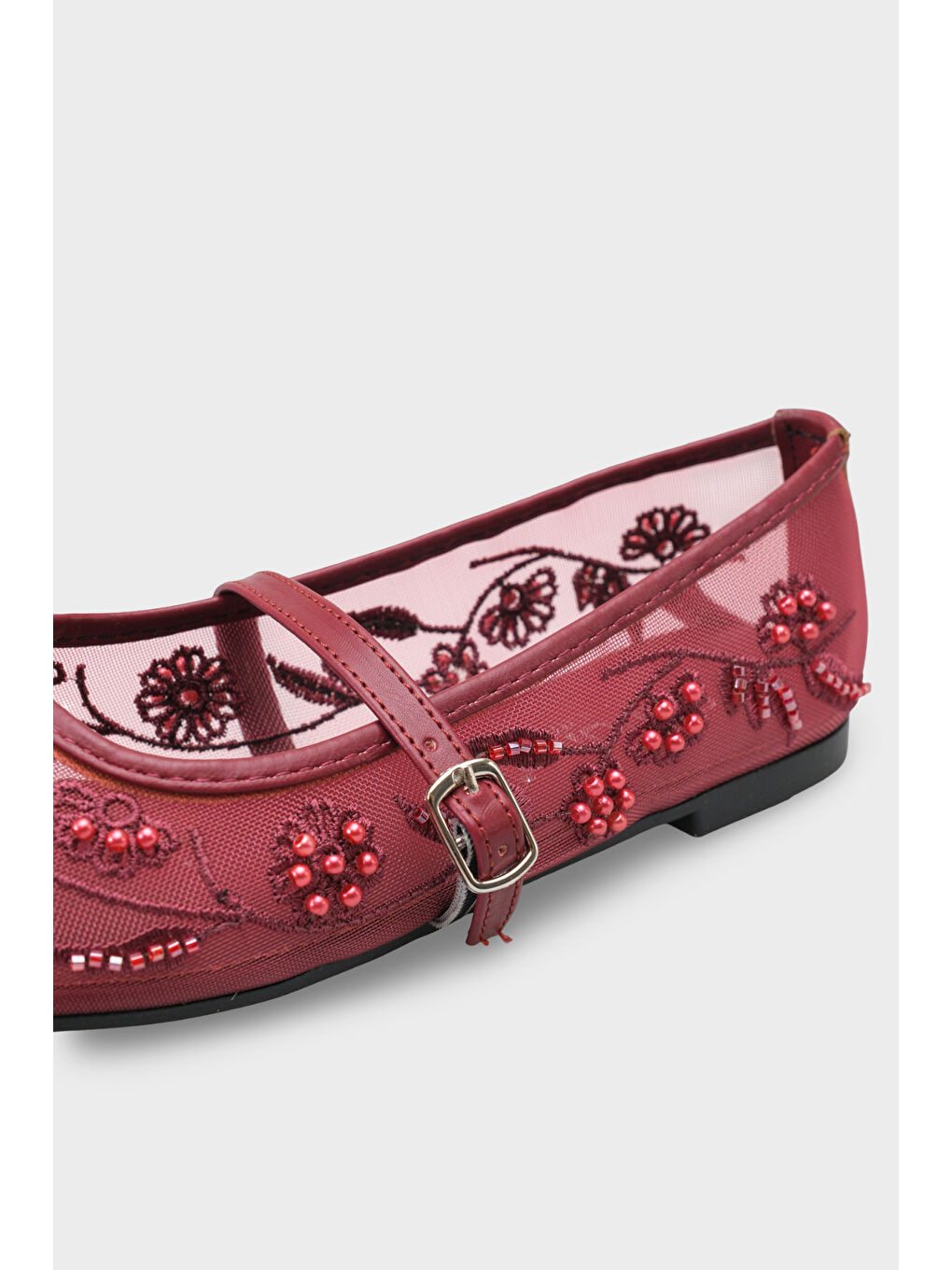 Bordo Mathilde Dantelli Fileli Nakışlı Kadın Babet-2