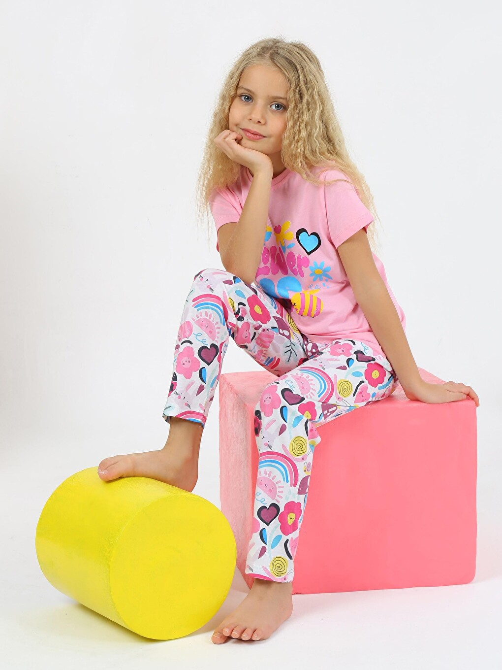 Pembe Kız Çocuk Kısa Kollu %100 Pamuklu Flower Up Pijama Takımı-3