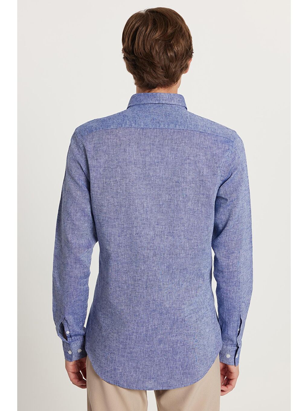 Erkek Slim Fit Dar Kesim Uzun Kollu Keten Premium Seri Düğmeli Yaka Spor Lacivert Gömlek-4