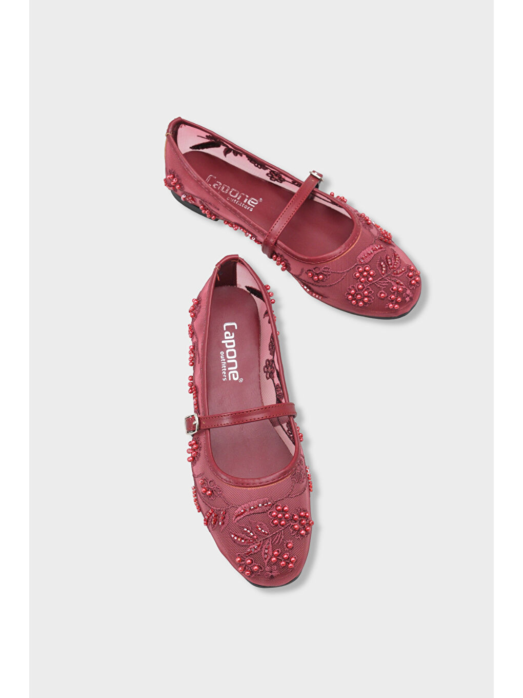 Bordo Mathilde Dantelli Fileli Nakışlı Kadın Babet-3