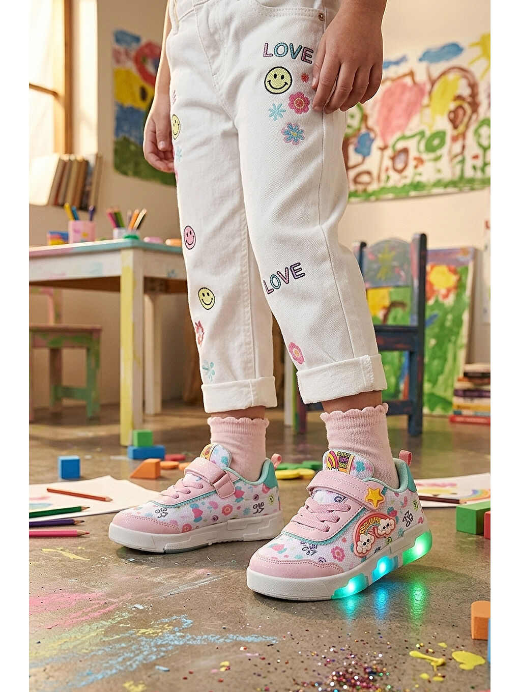 Pembe Bulut Cırtlı Işıklı Kız Çocuk Günlük Spor Ayakkabı-2