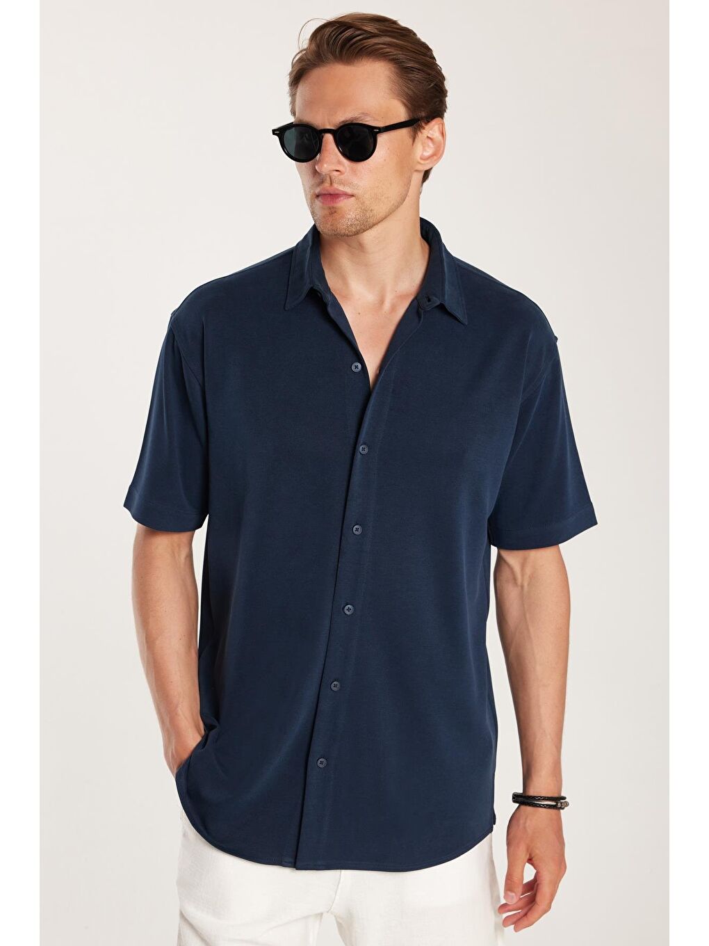 Erkek Relax Fit Premium Seri Modal Örme Kumaş Rahat Kullanım Kısa Kollu Spor Lacivert Gömlek-1