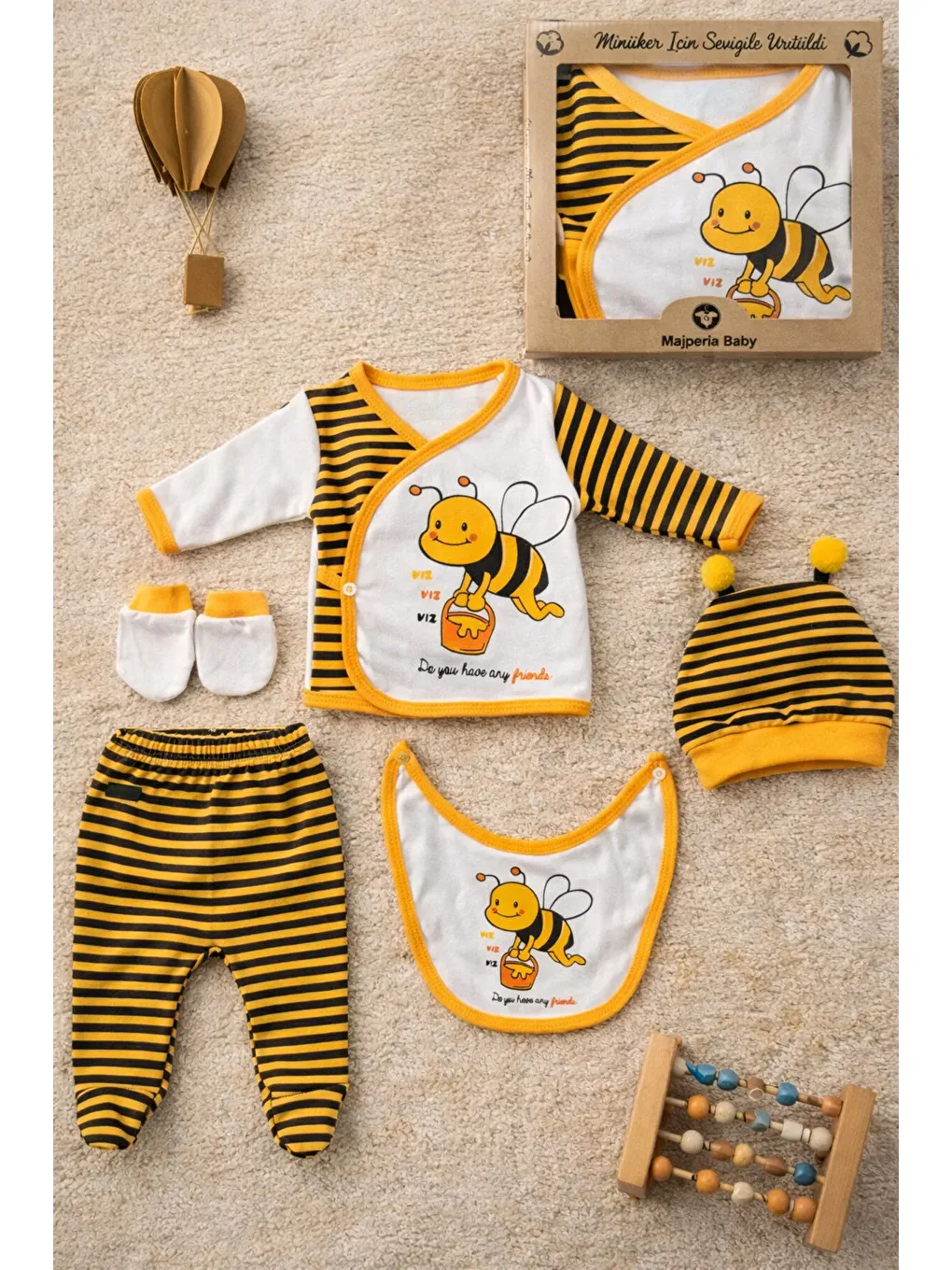Sarı Arı Temalı Organik Pamuk Yenidoğan Hastane Çıkış Seti 5 Parça Kutulu