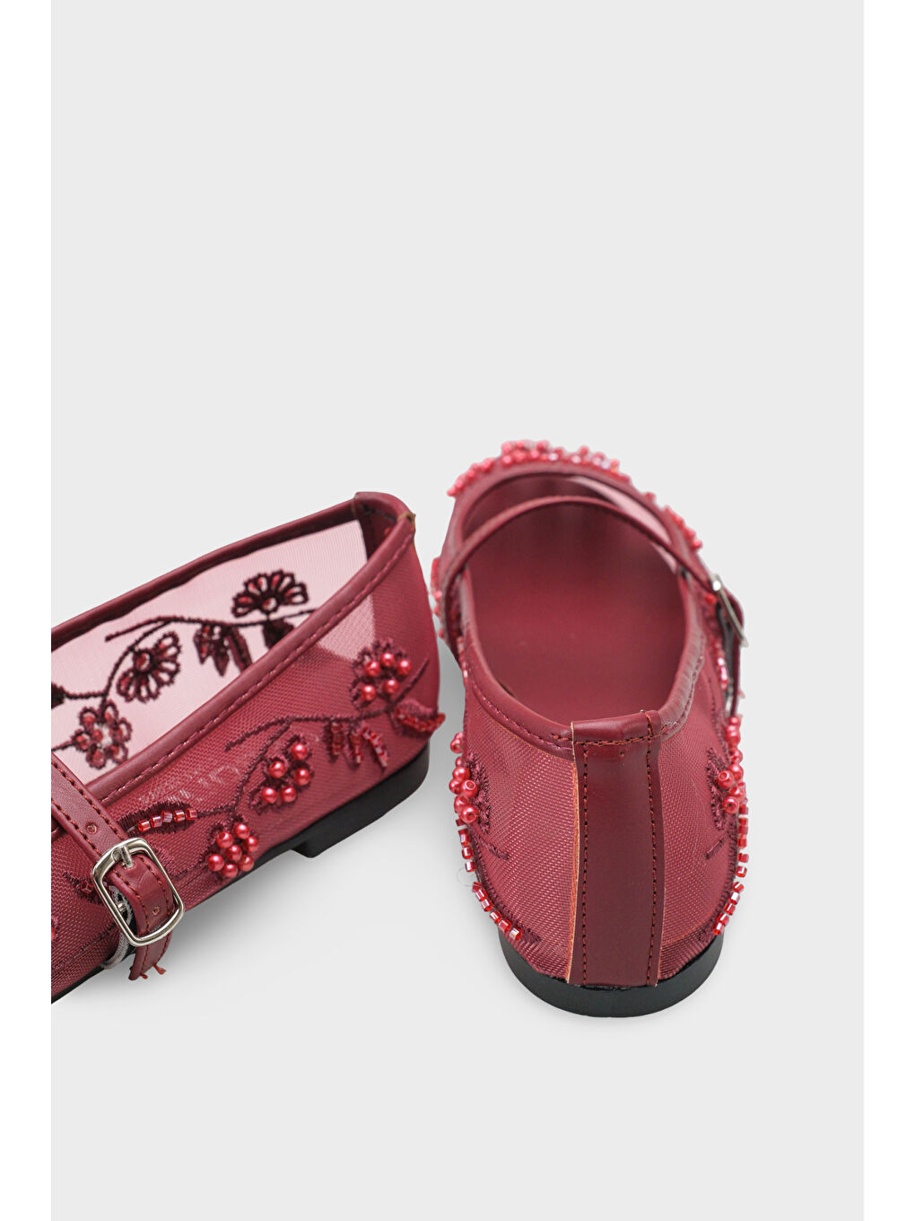 Bordo Mathilde Dantelli Fileli Nakışlı Kadın Babet-4