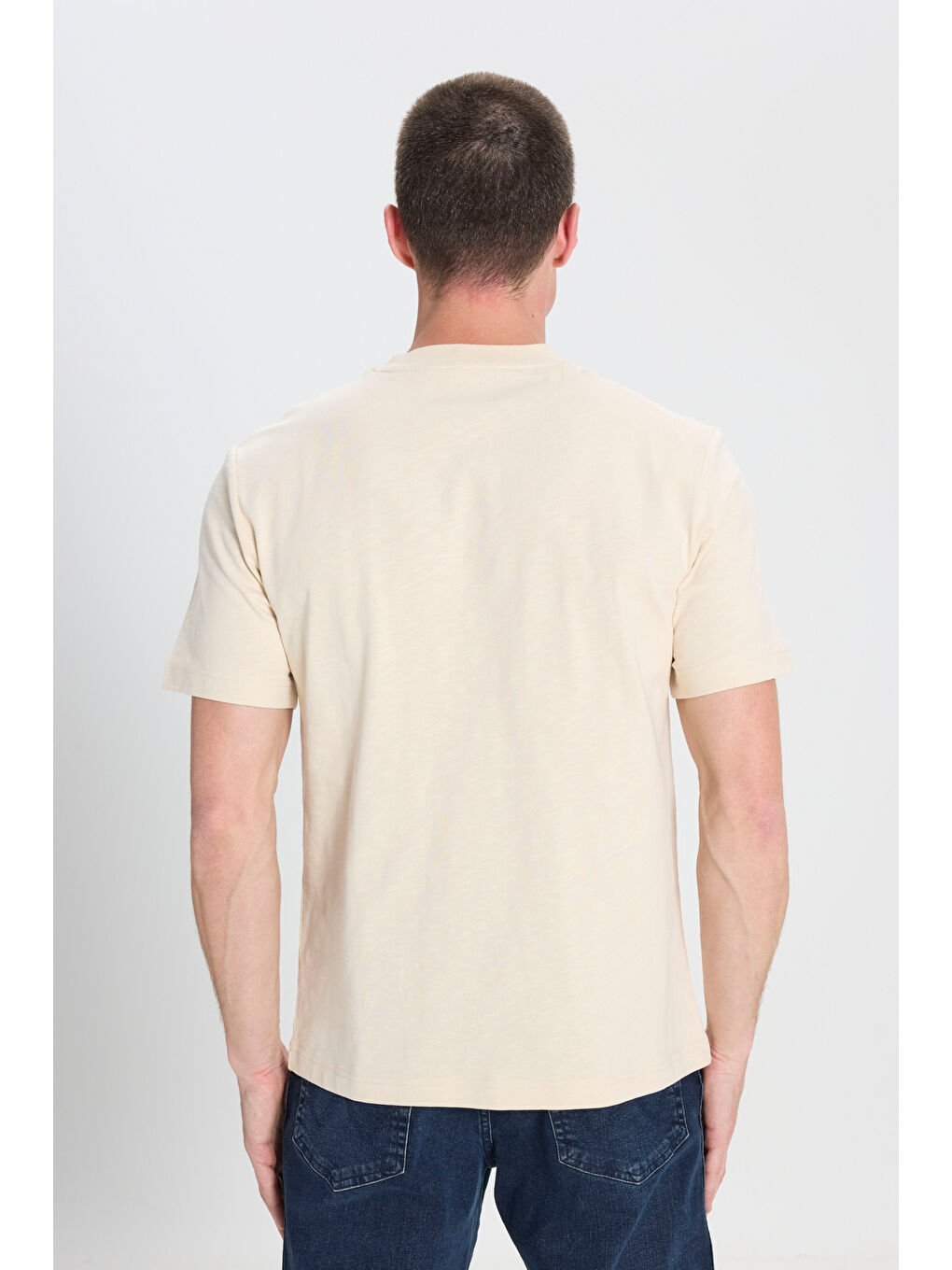 Regular Fit Normal Kesim Bisiklet Yaka %100 Pamuk Bej Tişört-5