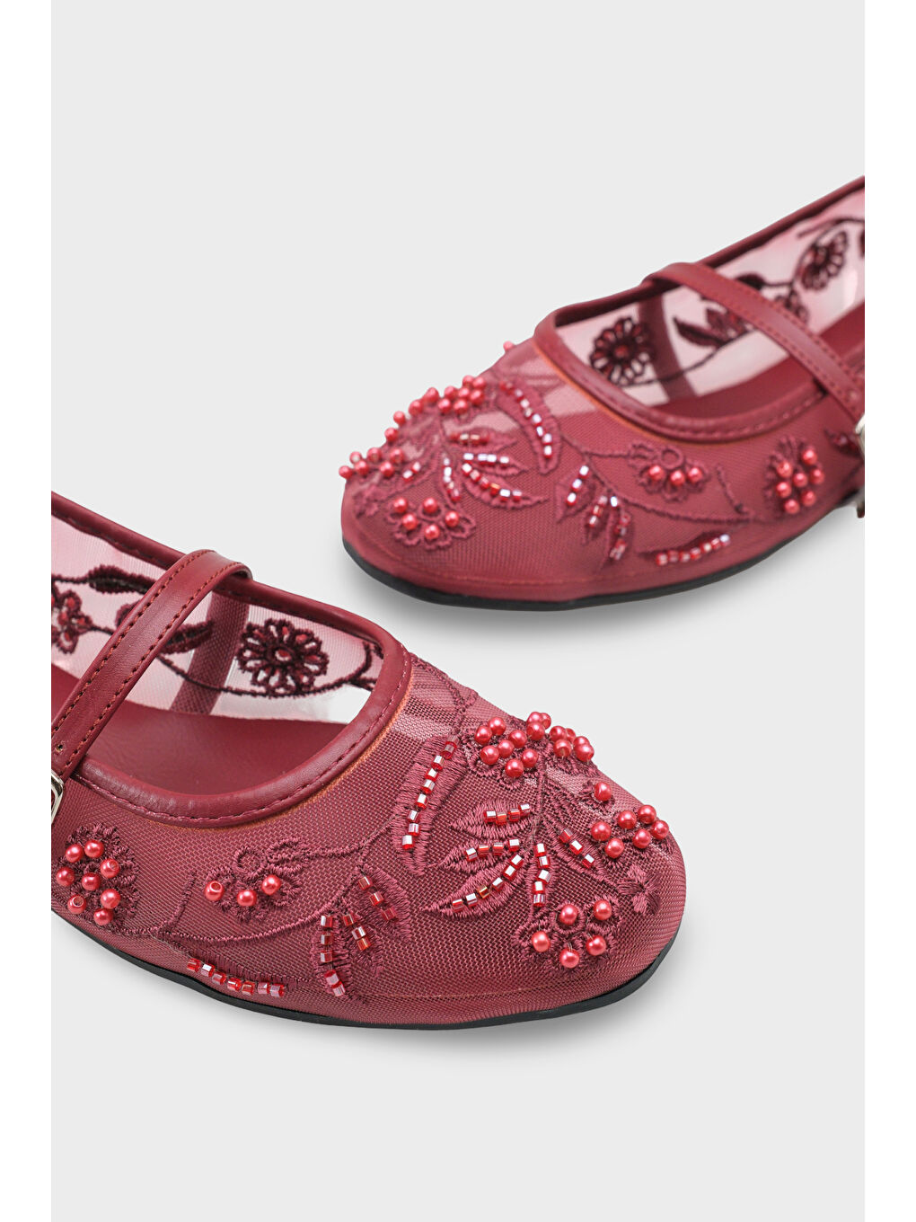 Bordo Mathilde Dantelli Fileli Nakışlı Kadın Babet-5