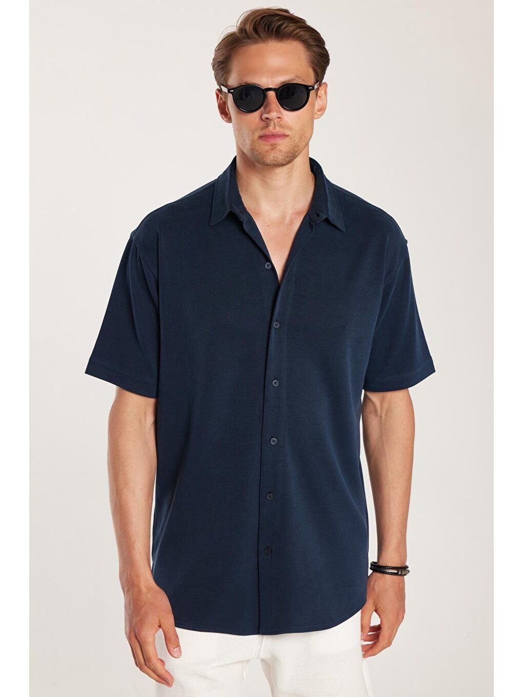 Erkek Relax Fit Premium Seri Modal Örme Kumaş Rahat Kullanım Kısa Kollu Spor Lacivert Gömlek-3