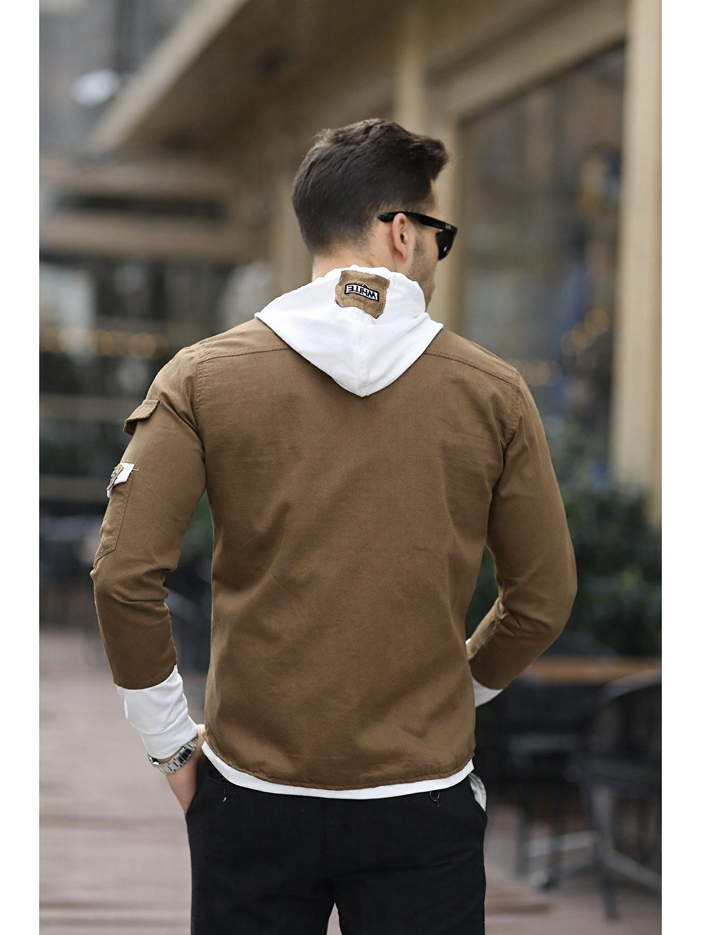 Kahverengi Erkek Slim Fit Penye Kapüşonlu Düğmeli Jean Gömlek-2