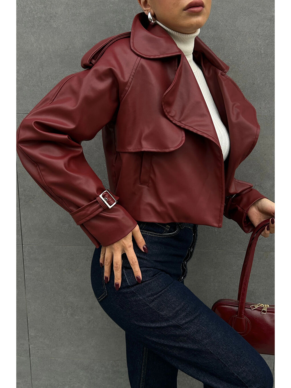 Kadın Bordo Crop Deri Ceket 0990-5055-4