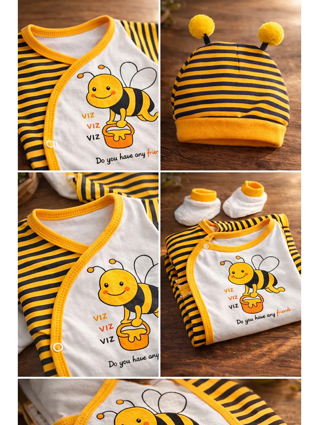 Sarı Arı Temalı Organik Pamuk Yenidoğan Hastane Çıkış Seti 5 Parça Kutulu-1