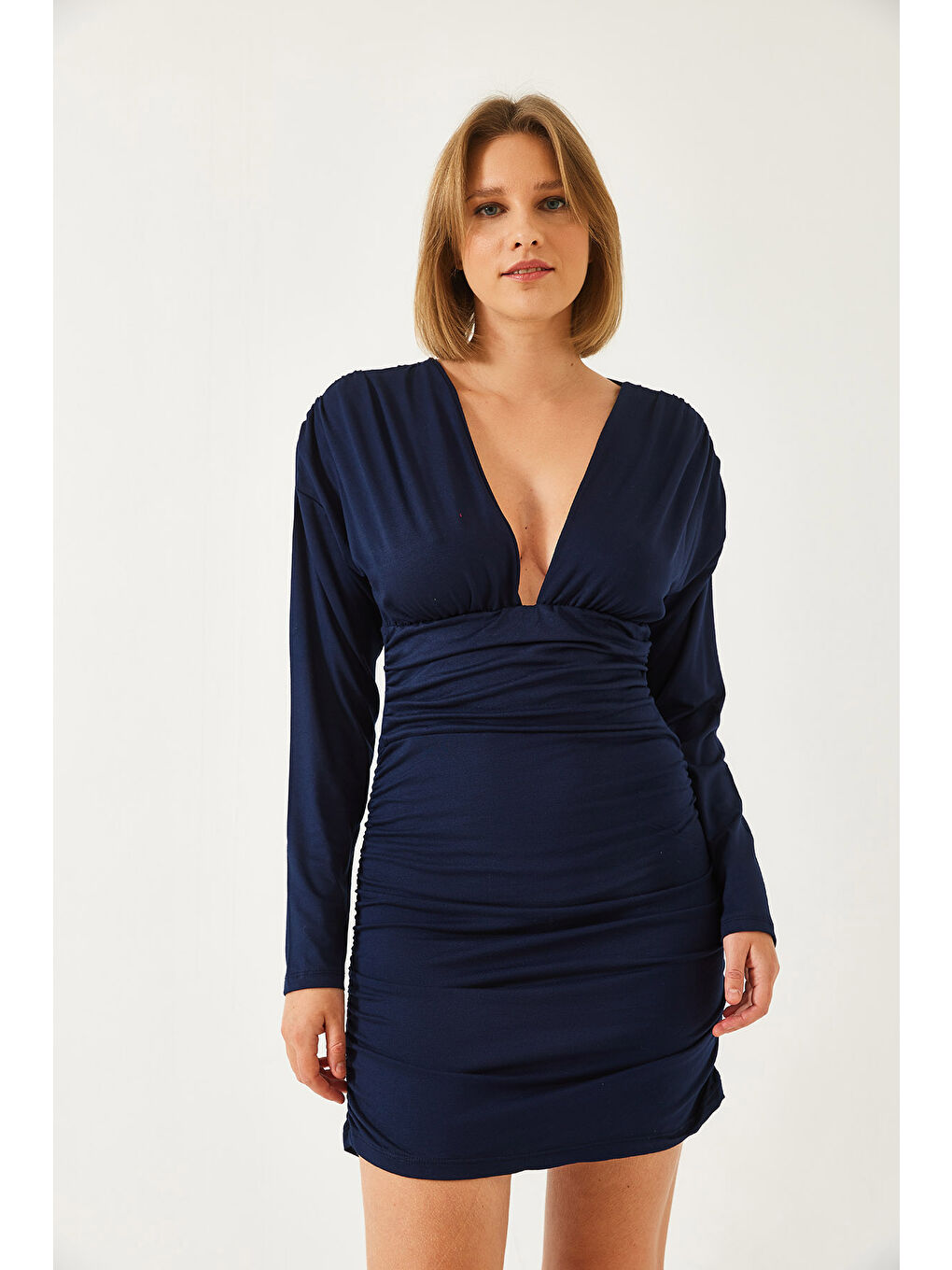 Lacivert Kadın Yanları Büzgülü Elbise-3