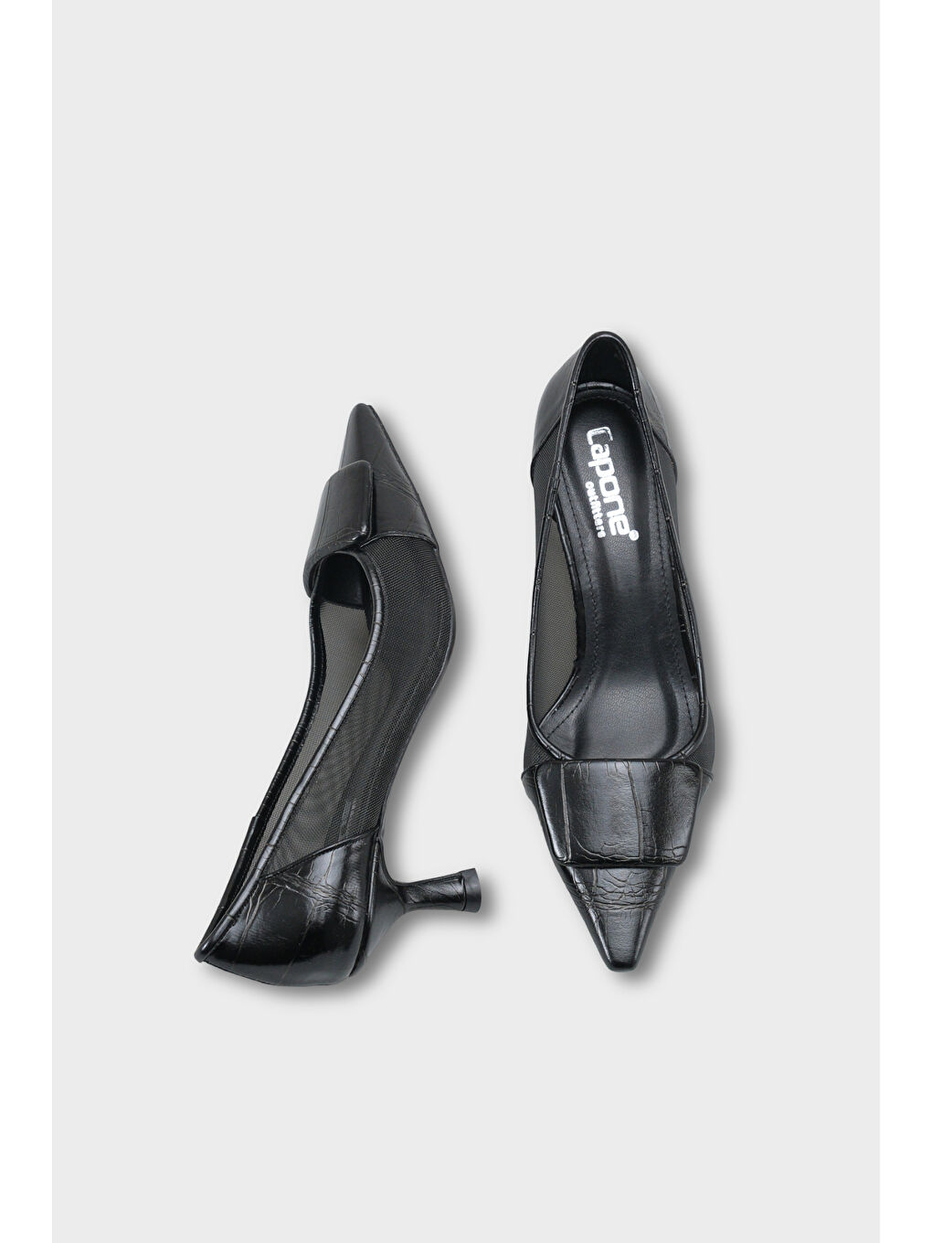 Siyah Fidela Fileli Sivri Burunlu Orta Topuklu Kadın Ayakkabı-4