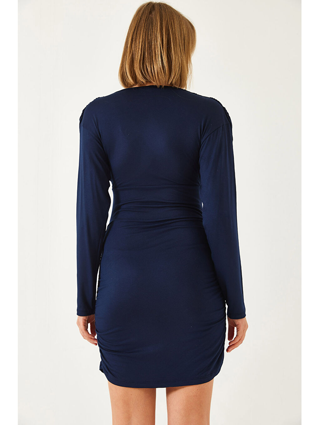Lacivert Kadın Yanları Büzgülü Elbise-5