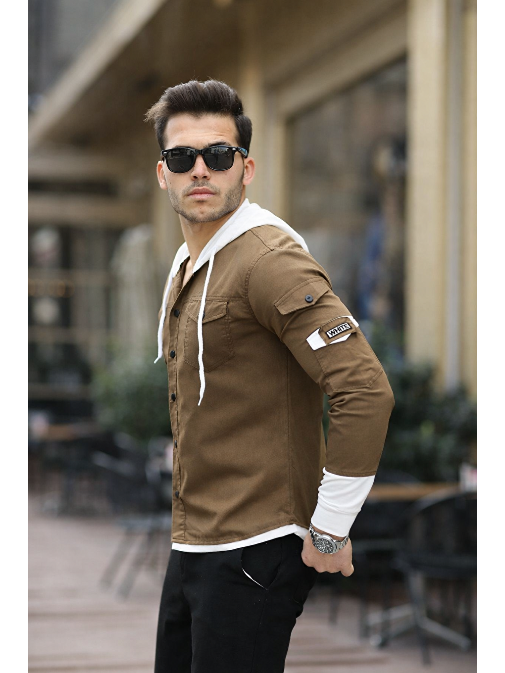 Kahverengi Erkek Slim Fit Penye Kapüşonlu Düğmeli Jean Gömlek-4