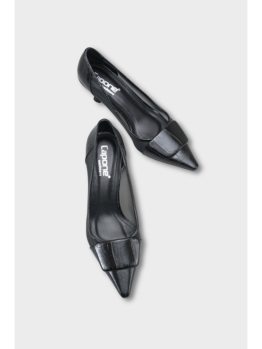 Siyah Fidela Fileli Sivri Burunlu Orta Topuklu Kadın Ayakkabı-5