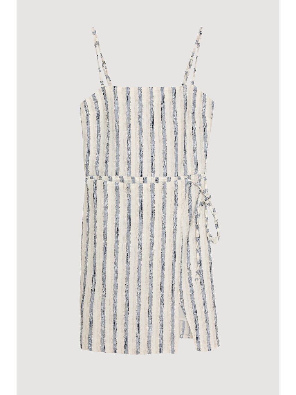 Önü Bağlamalı Yırtmaçlı Keten Mini Elbise Mavi-1