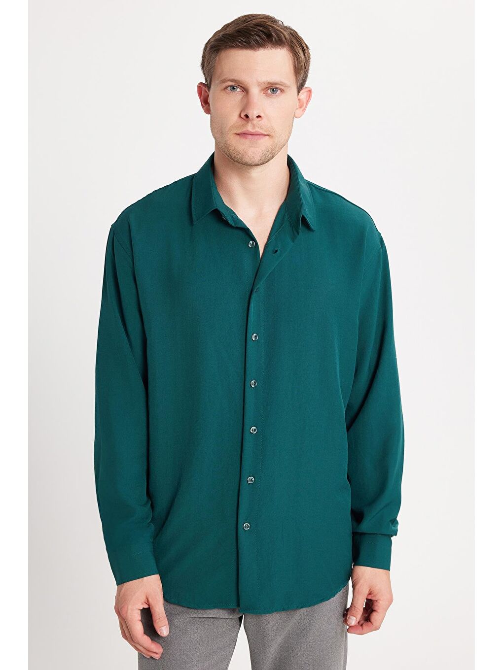 Oversize Mevsimlik Keten Dokulu Bol Kalıp Uzun Kollu Rahat Kullanım Erkek Yeşil Gömlek-3