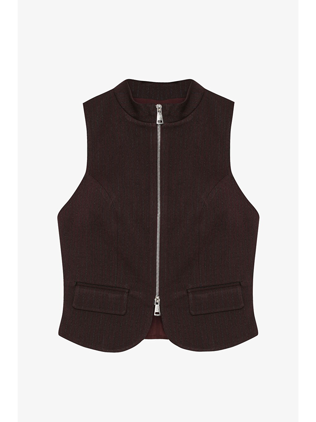 Fermuarlı Cep Kapaklı Dik Yaka Bluz Kahverengi