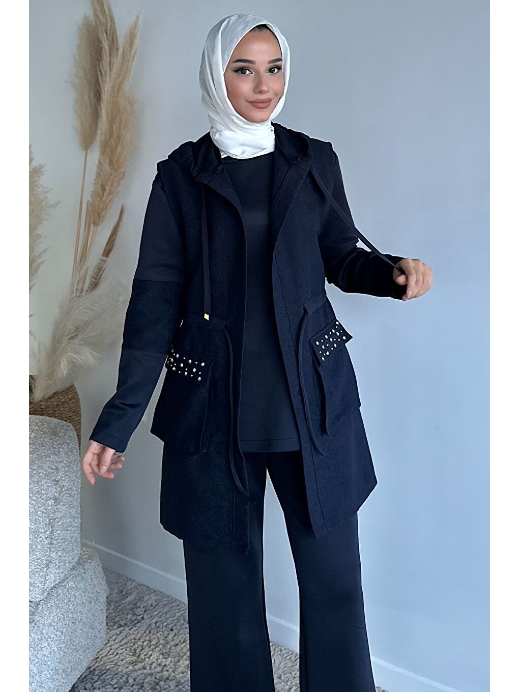 Lacivert Kapüşonlu Yelek Tunik Pantolon Tesettür Üçlü Takım-3