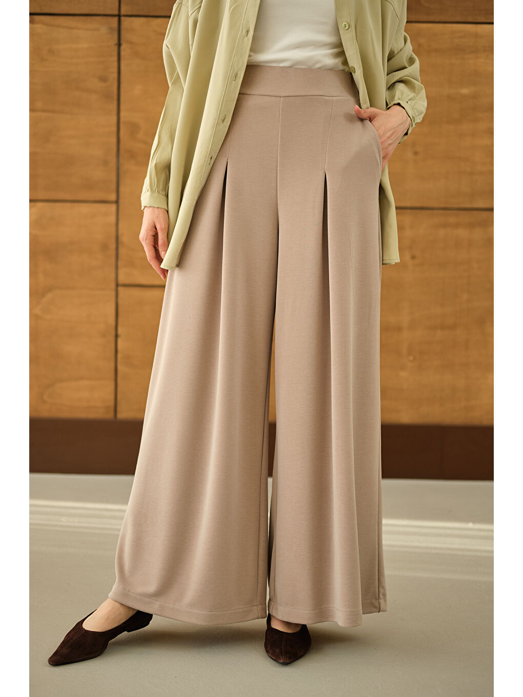 Ekru Kadın Bol Paça Pantolon Krem-2