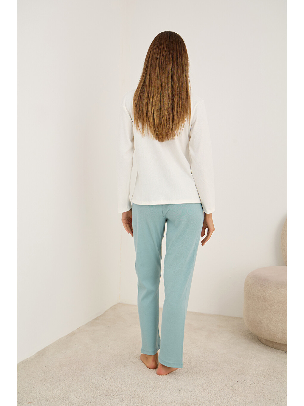 Yeşil Kalp Nakışlı Pamuklu Fitilli Kaşkorse Örme Pijama Takım25226013-2