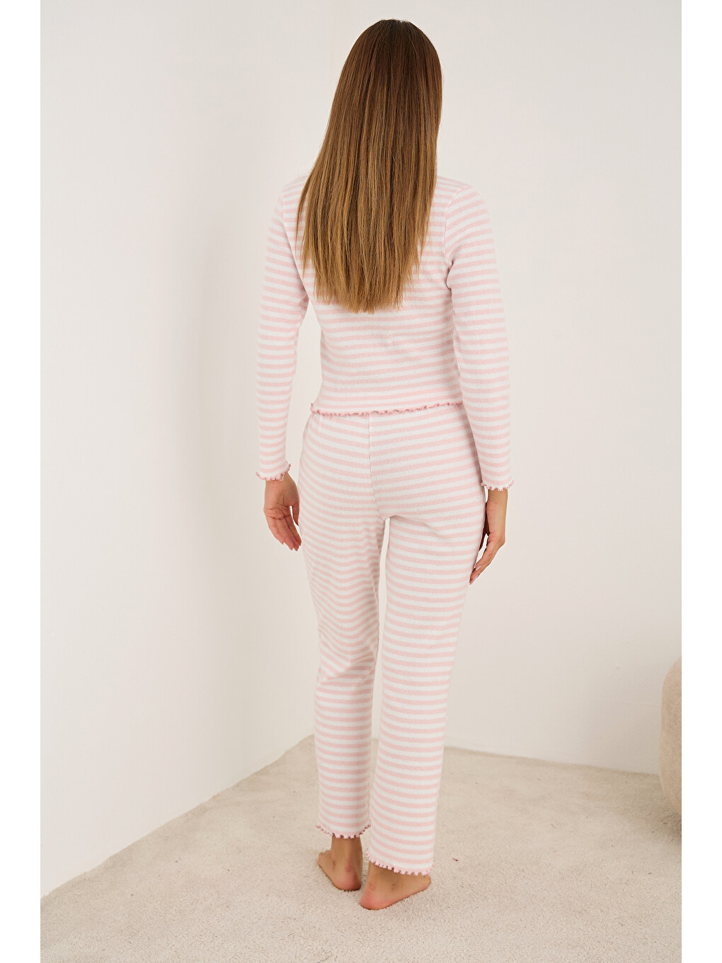 Pembe Beyaz Fırçalı Soft Fitilli Kaşkorse Dantelli Pijama Takım25226011-2