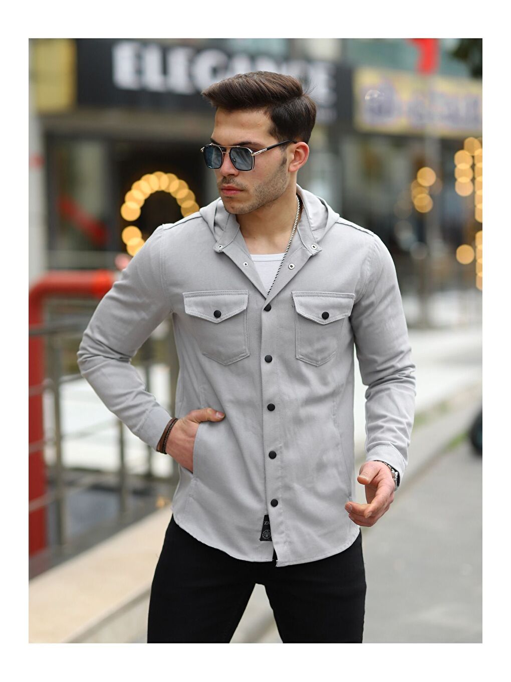 Erkek Kapüşonlu Çıt Çıtlı Bol Basic Gri Jean Gömlek-1