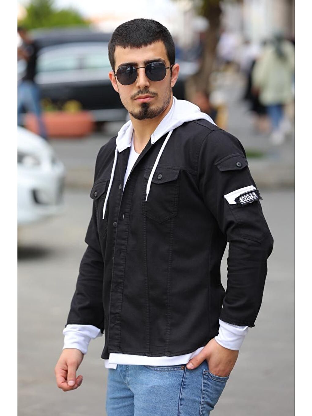 Siyah Erkek Slim Fit Penye Kapüşonlu Düğmeli Jean Gömlek-1