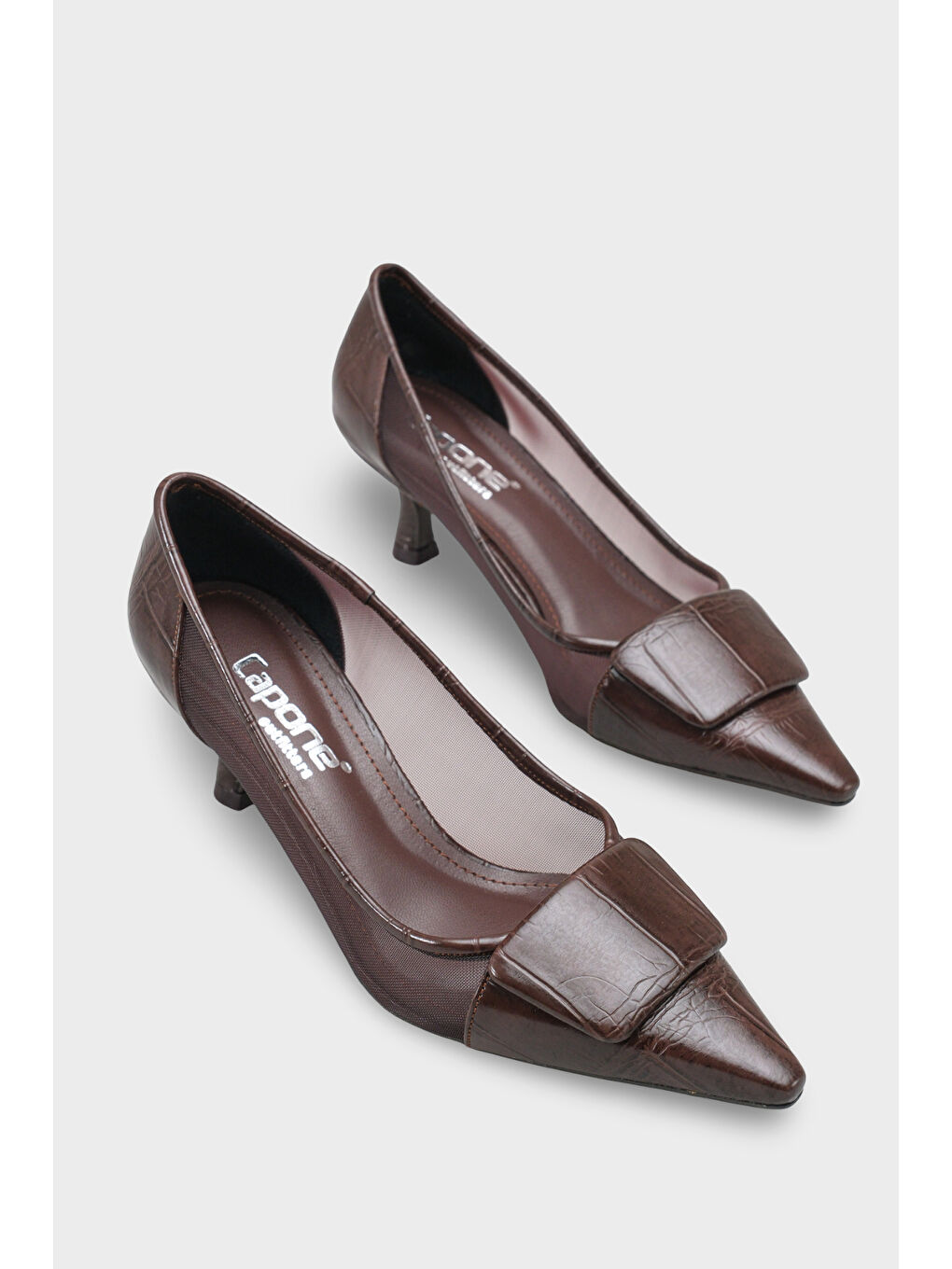 Kahverengi Fidela Fileli Sivri Burunlu Orta Topuklu Kadın Ayakkabı-1