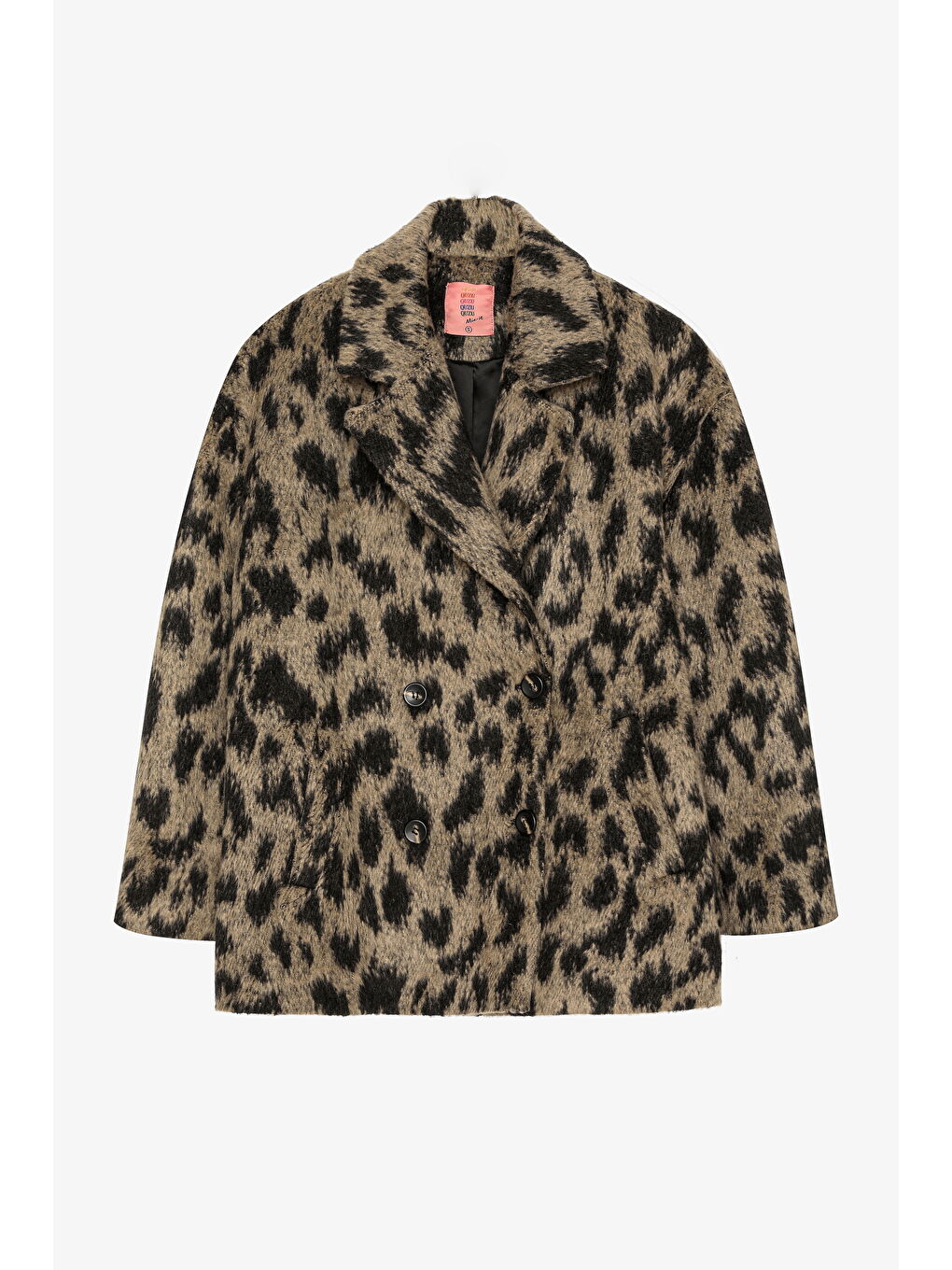 Leopar Desenli Oversize Kruvaze Kaban Bej