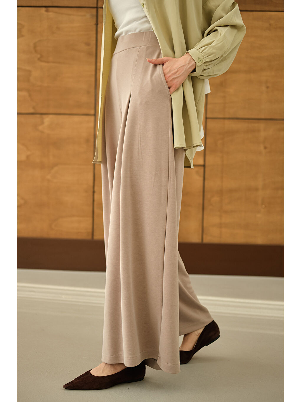 Ekru Kadın Bol Paça Pantolon Krem-3