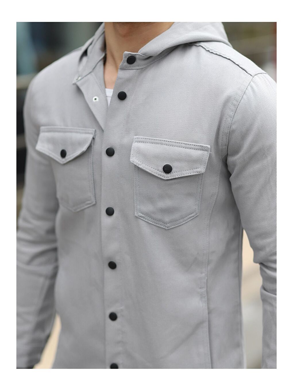 Erkek Kapüşonlu Çıt Çıtlı Bol Basic Gri Jean Gömlek-2