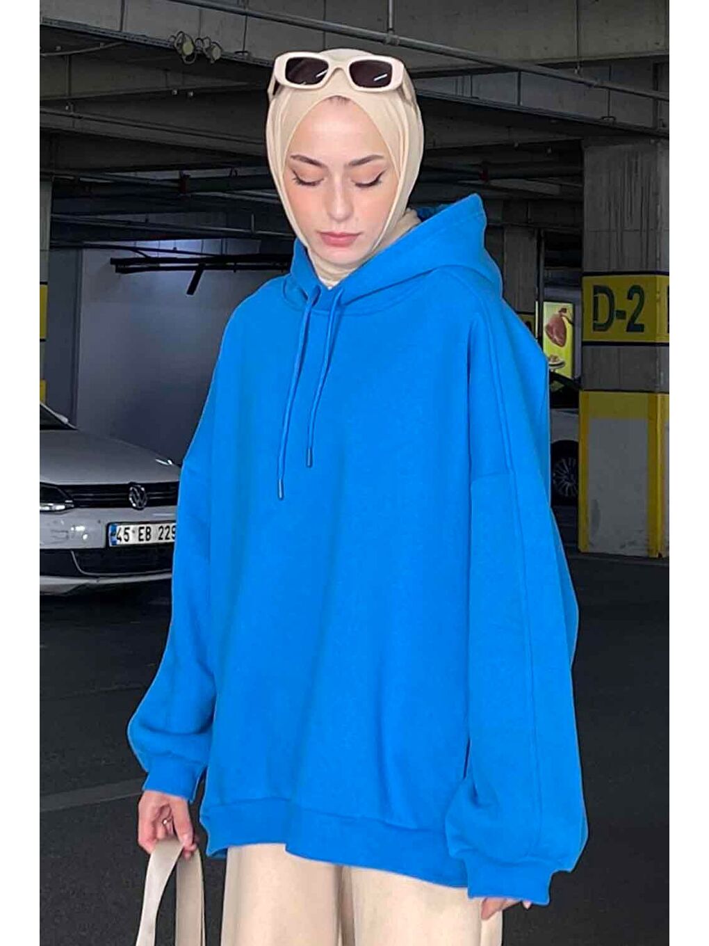 Kapüşonlu Oversize Yan Cepli Sweat Saks Mavisi-1