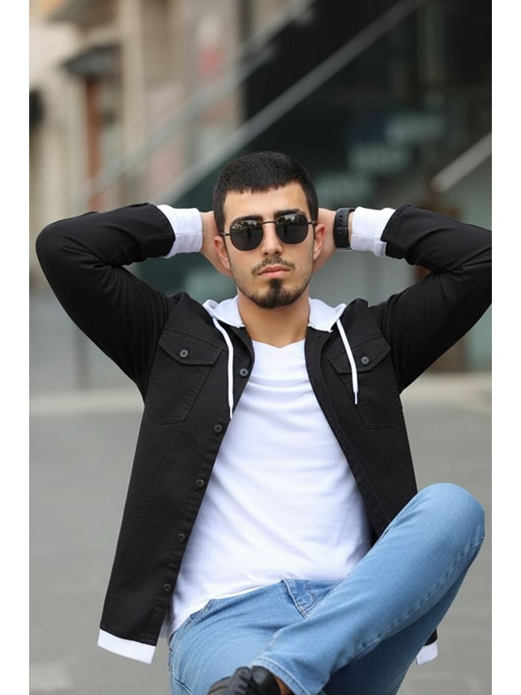 Siyah Erkek Slim Fit Penye Kapüşonlu Düğmeli Jean Gömlek-2