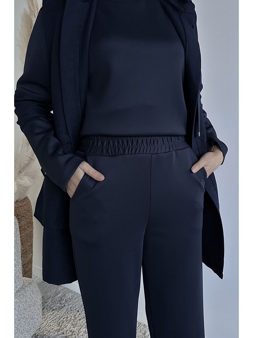 Lacivert Kapüşonlu Yelek Tunik Pantolon Tesettür Üçlü Takım-7